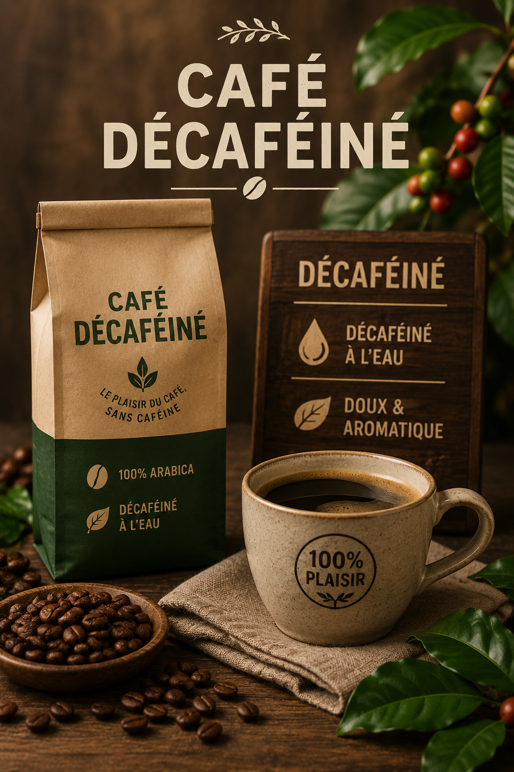 Tasse de café décaféiné posée sur une table